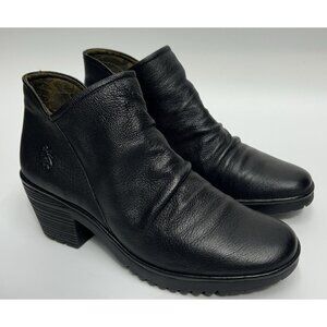 Fly London Women's Ankle Boots Sz 11 EU 42 Black Leather Block Heel Classic